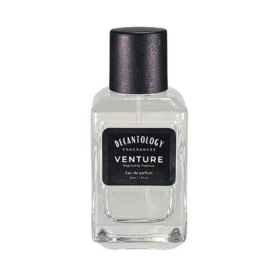 Venture 55ml inspired by Aventus available at Decantology. Venture 55ml inspired by Aventus. A great addition for fragrance enthusiasts.